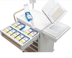 Pouch Porter medication storage and dispensing boxes in a medication cart